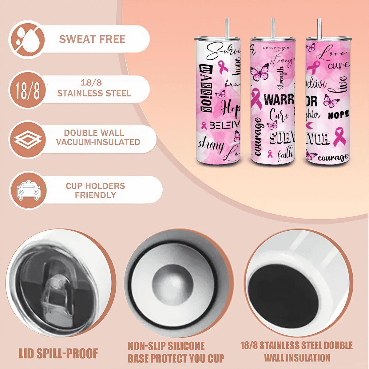 ColorFlow | Pink Breast Cancer Warrior 20oz Stainless Tumbler with Straw | Survivor Support Gift | Hope Courage Mug