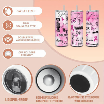 ColorFlow | Pink Breast Cancer Warrior 20oz Stainless Tumbler with Straw | Survivor Support Gift | Hope Courage Mug