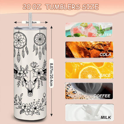ColorFlow | Boho Western Floral Dreamcatcher 20oz Stainless Tumbler with Straw | Skull Art Coffee Mug | Gift for Her