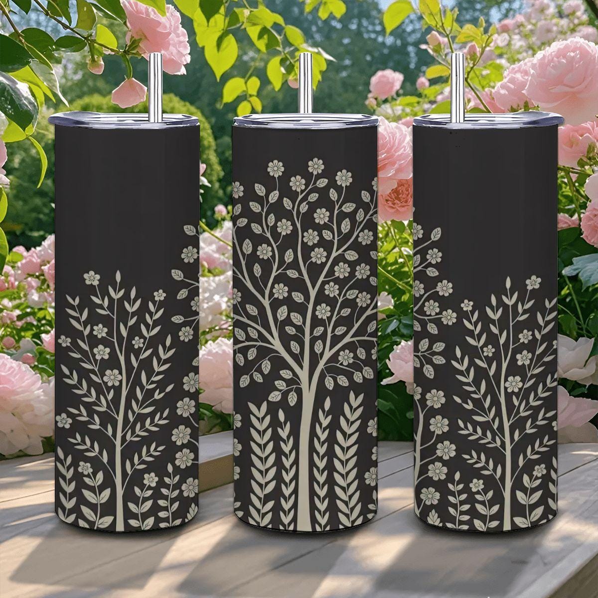 ColorFlow | Elegant Floral Tree 20oz Stainless Steel Tumbler with Straw | Black Botanical Travel Mug | Nature Lover Gift