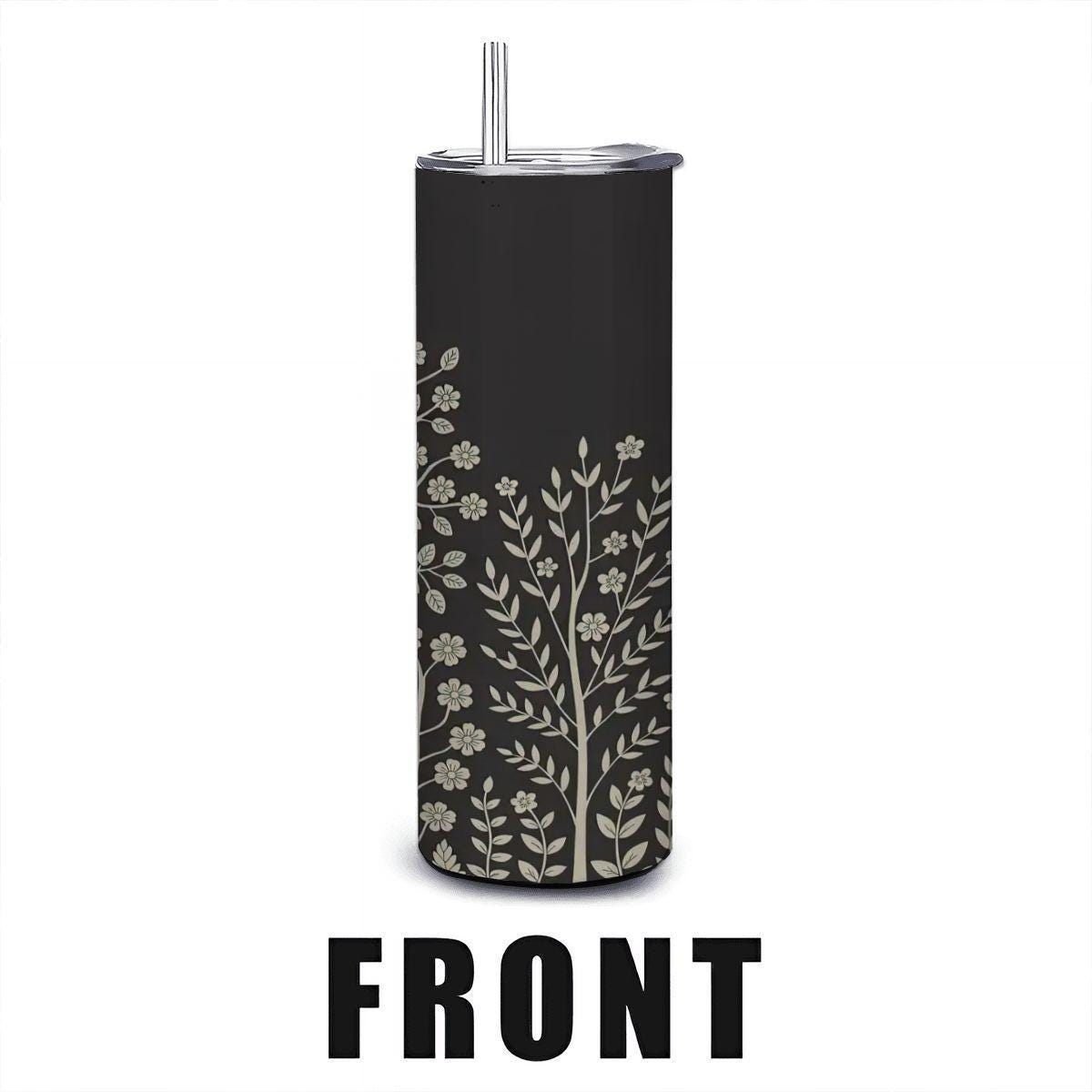 ColorFlow | Elegant Floral Tree 20oz Stainless Steel Tumbler with Straw | Black Botanical Travel Mug | Nature Lover Gift