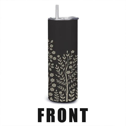ColorFlow | Elegant Floral Tree 20oz Stainless Steel Tumbler with Straw | Black Botanical Travel Mug | Nature Lover Gift