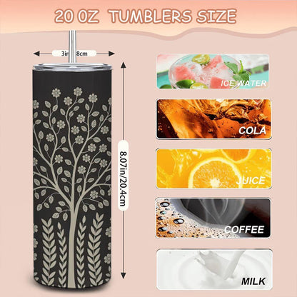 ColorFlow | Elegant Floral Tree 20oz Stainless Steel Tumbler with Straw | Black Botanical Travel Mug | Nature Lover Gift