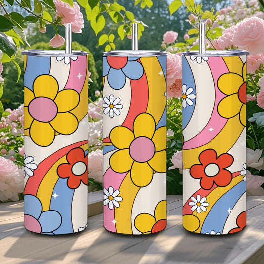 ColorFlow | Groovy Retro Daisy 20oz Stainless Steel Tumbler with Straw | Vintage Flower Travel Cup | Insulated Gift for Her