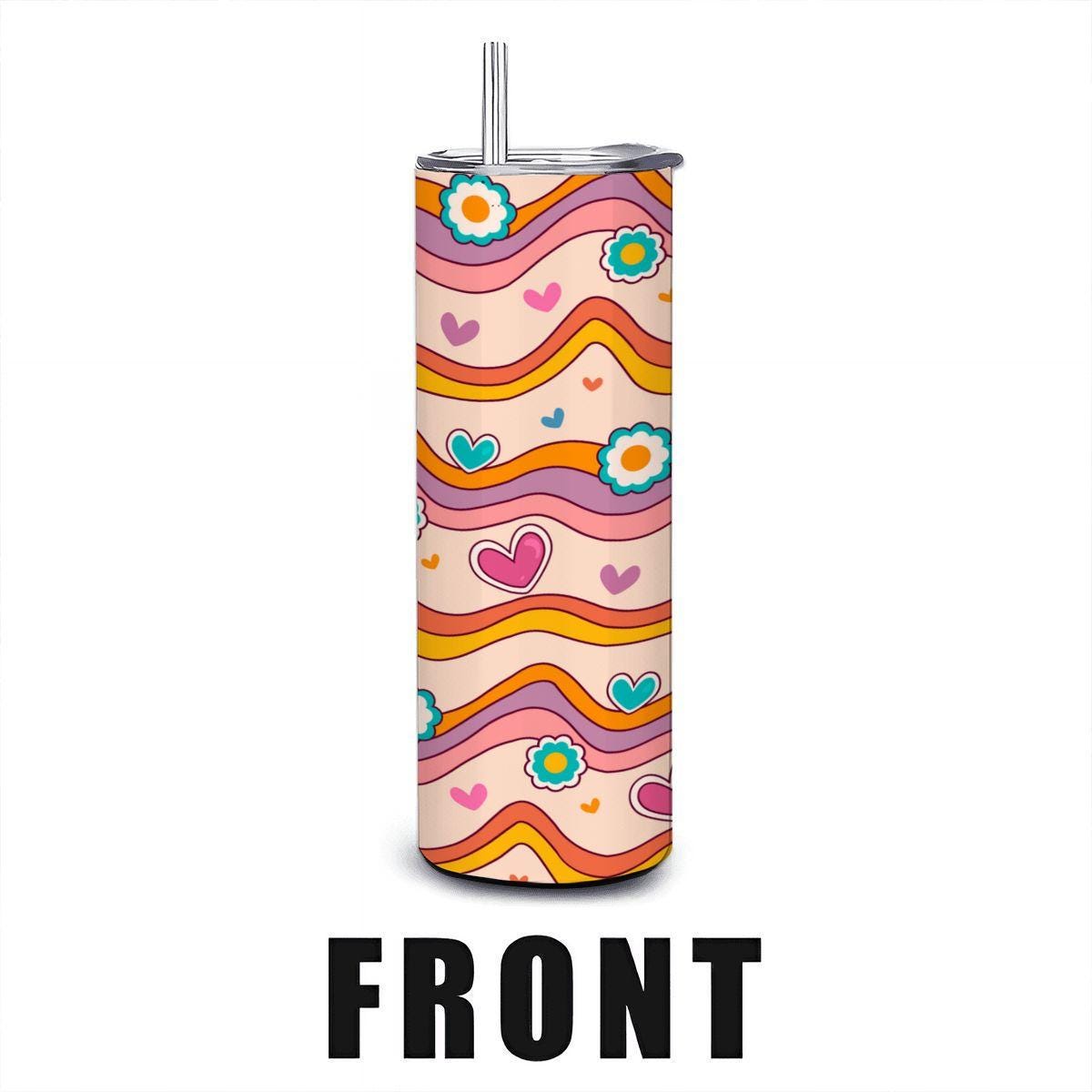 ColorFlow | Groovy Heart Waves 20oz Stainless Steel Tumbler with Straw | Retro Love Floral Cup | Colorful Gift