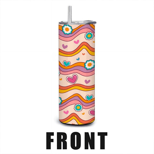 ColorFlow | Groovy Heart Waves 20oz Stainless Steel Tumbler with Straw | Retro Love Floral Cup | Colorful Gift