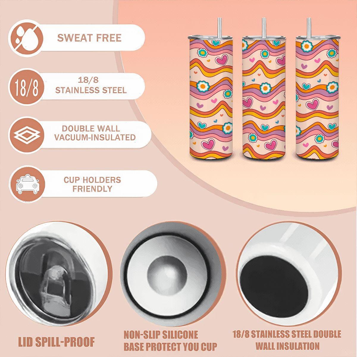 ColorFlow | Groovy Heart Waves 20oz Stainless Steel Tumbler with Straw | Retro Love Floral Cup | Colorful Gift