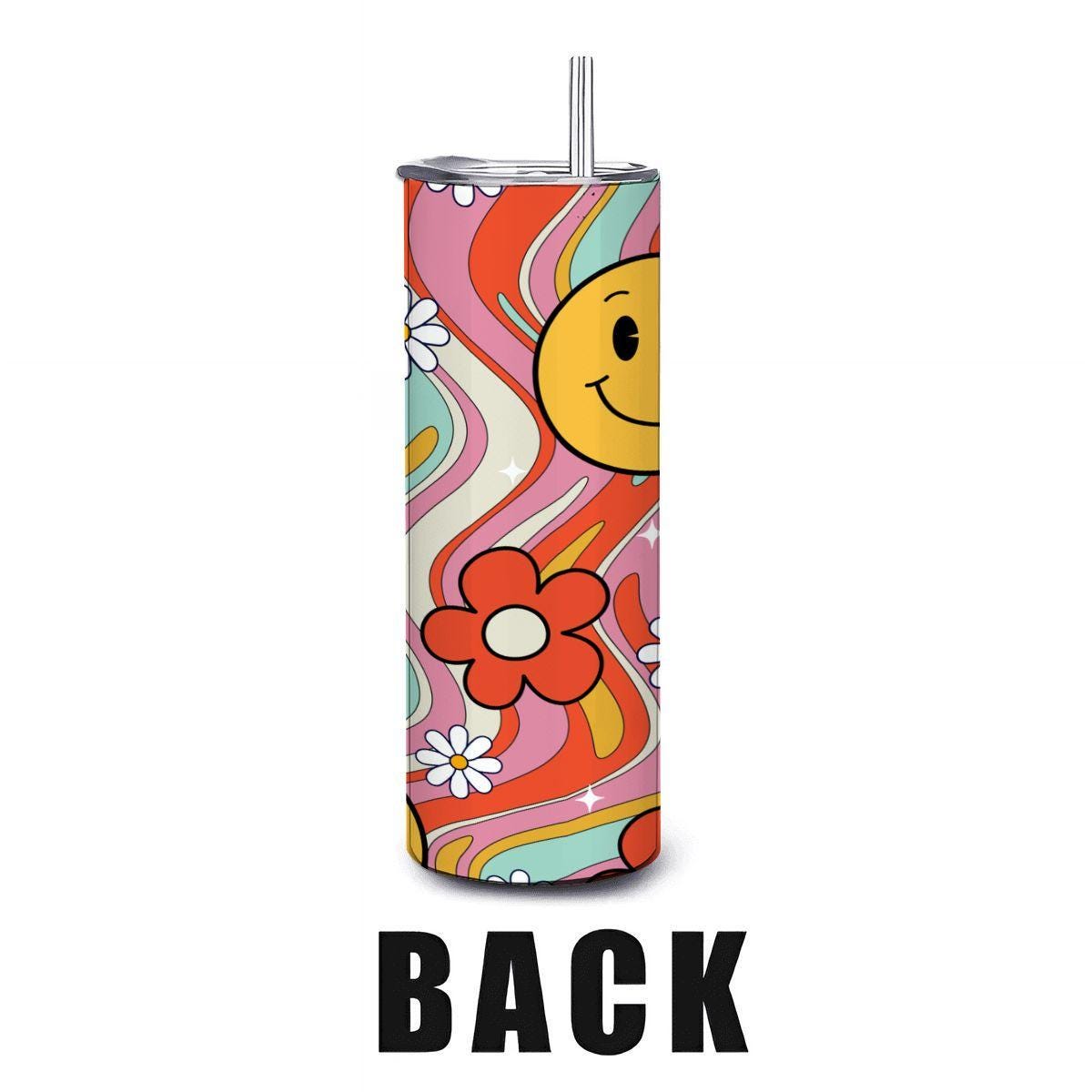 ColorFlow | Groovy Smiley Wave 20oz Stainless Steel Tumbler with Straw | Retro Happy Face Floral Cup | Fun Gift