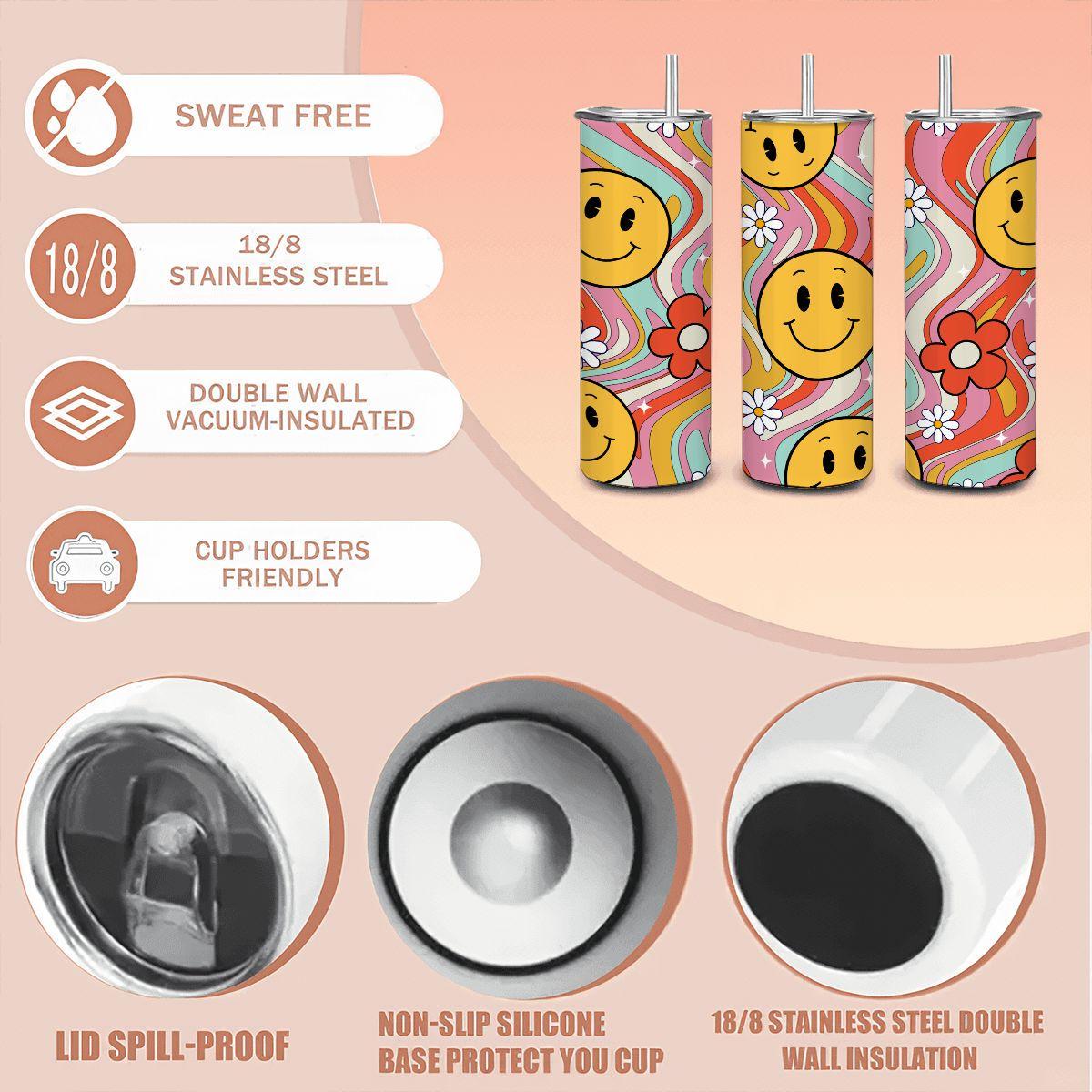 ColorFlow | Groovy Smiley Wave 20oz Stainless Steel Tumbler with Straw | Retro Happy Face Floral Cup | Fun Gift