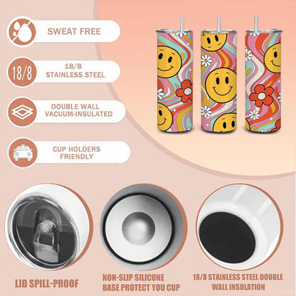 ColorFlow | Groovy Smiley Wave 20oz Stainless Steel Tumbler with Straw | Retro Happy Face Floral Cup | Fun Gift