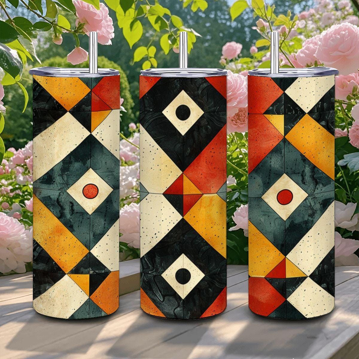 ColorFlow | Geometric Mosaic Modern Art 20oz Stainless Steel Tumbler with Straw | Insulated Abstract Travel Mug Gift