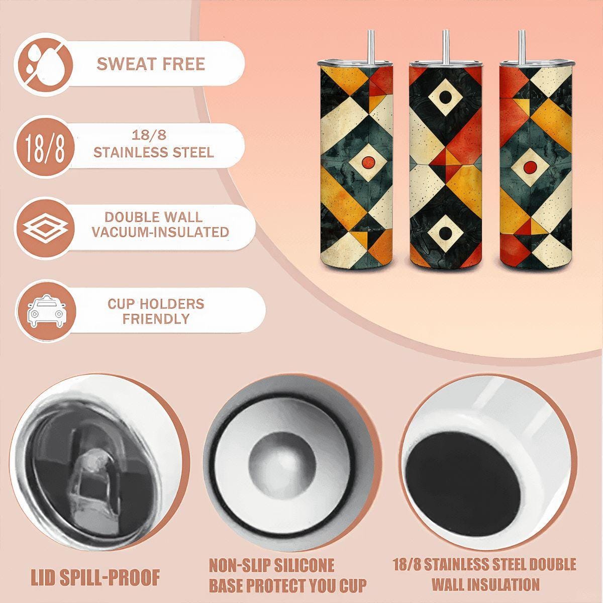 ColorFlow | Geometric Mosaic Modern Art 20oz Stainless Steel Tumbler with Straw | Insulated Abstract Travel Mug Gift