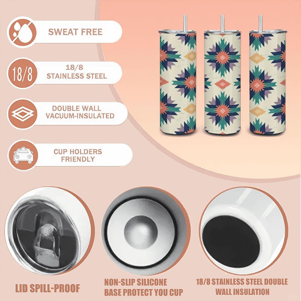 ColorFlow | Boho Starburst Southwest Pattern 20oz Stainless Steel Tumbler with Straw | Vibrant Insulated Travel Mug Gift