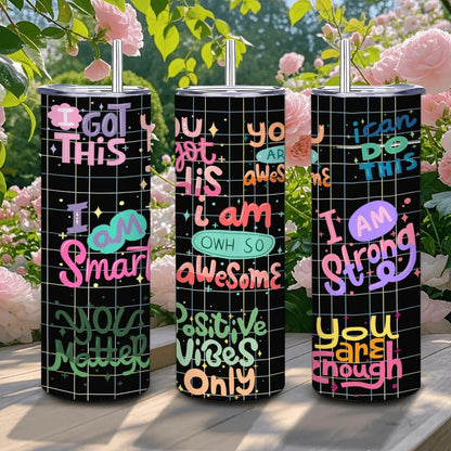 ColorFlow | Motivational Affirmations 20oz Stainless Steel Tumbler with Straw | Positive Vibes Insulated Travel Mug Gift