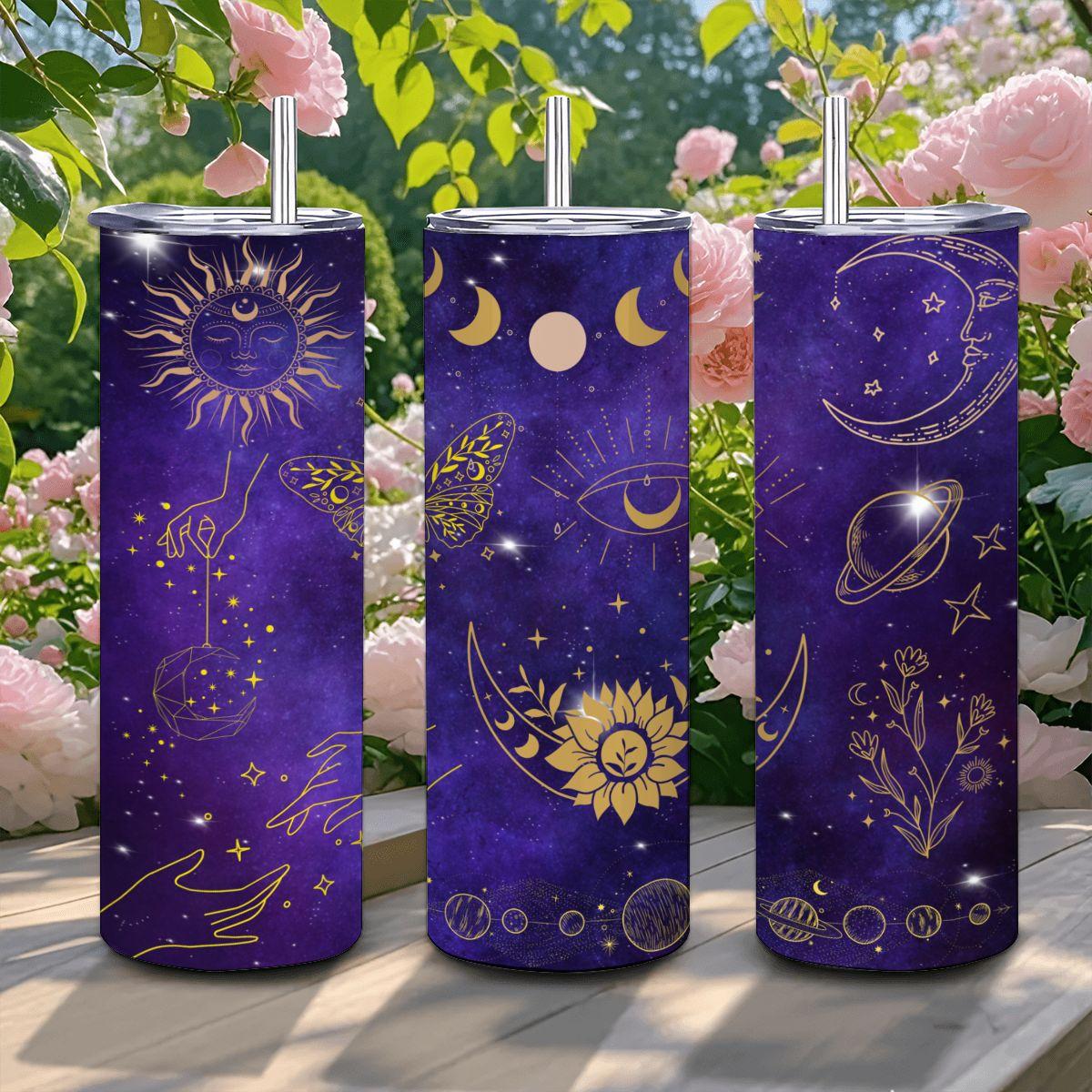 ColorFlow | Celestial Gold Cosmic 20oz Stainless Steel Tumbler with Straw | Moon Sun Galaxy Astrology Travel Mug Gift