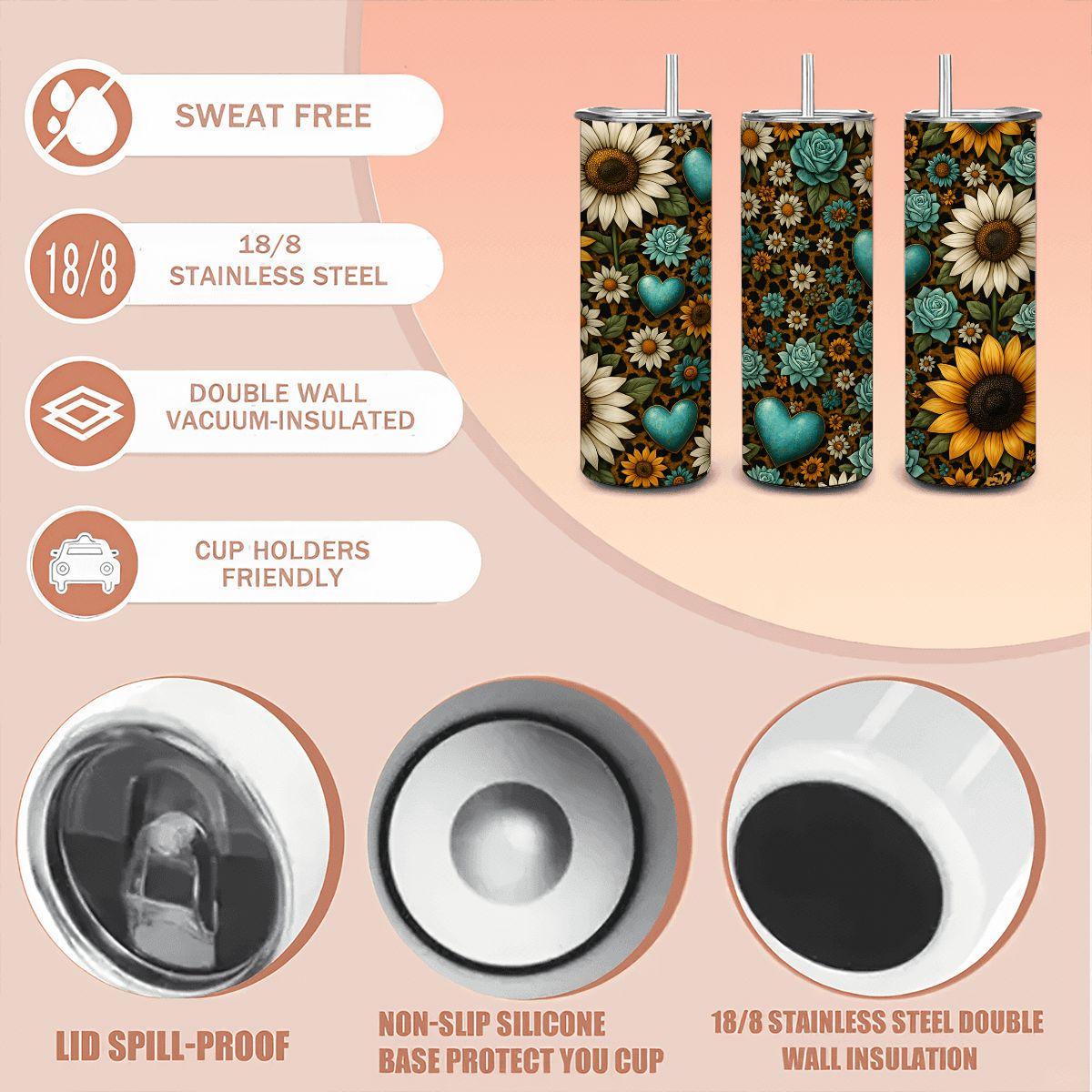 ColorFlow | Sunflower Turquoise Rose Tumbler | 20oz Stainless Steel | Boho Floral Heart Travel Mug | Insulated Cup with Straw