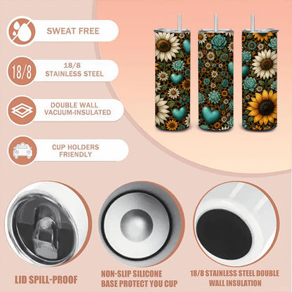 ColorFlow | Sunflower Turquoise Rose Tumbler | 20oz Stainless Steel | Boho Floral Heart Travel Mug | Insulated Cup with Straw