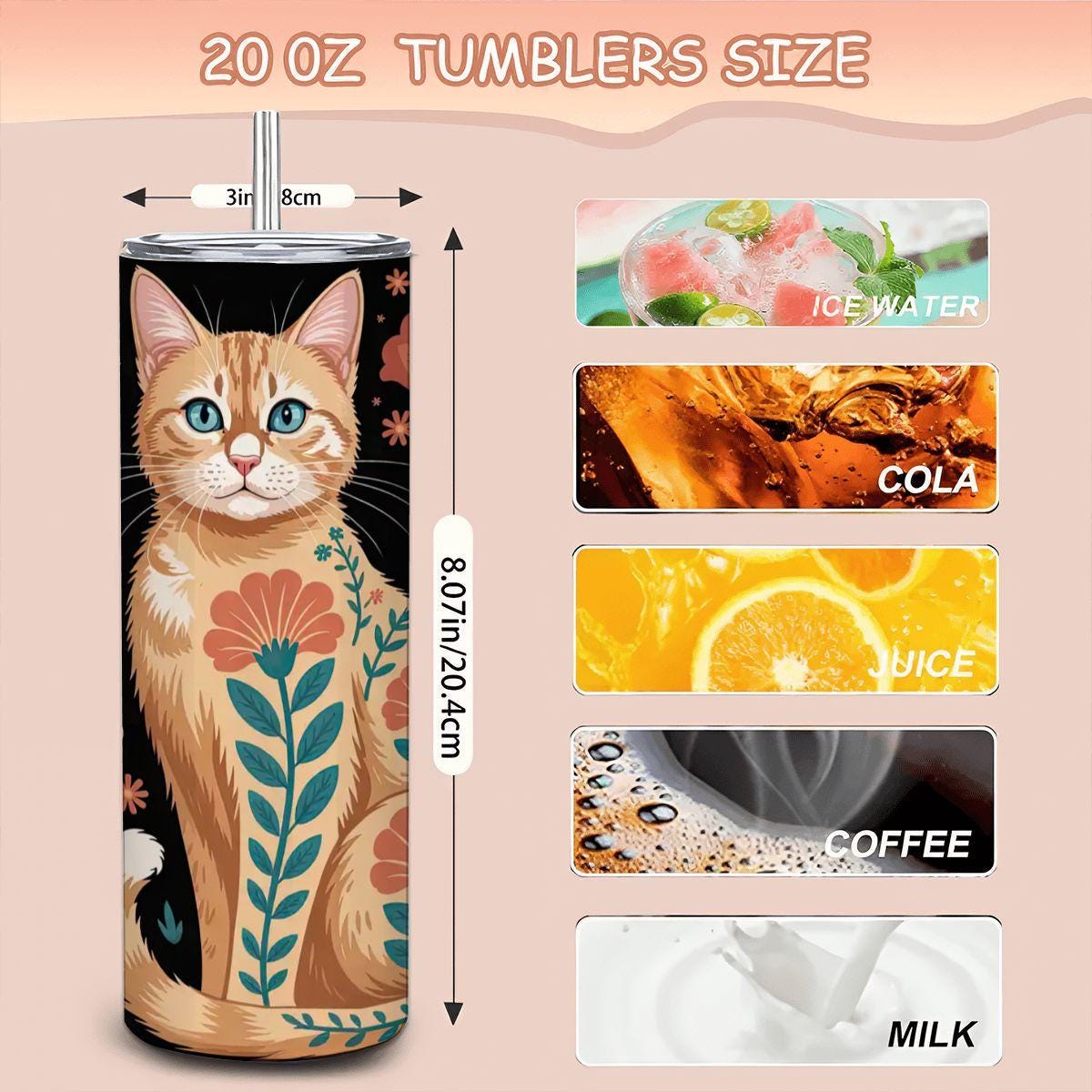 Floral Orange Cat Tumbler: 20oz Insulated Stainless Steel Mug