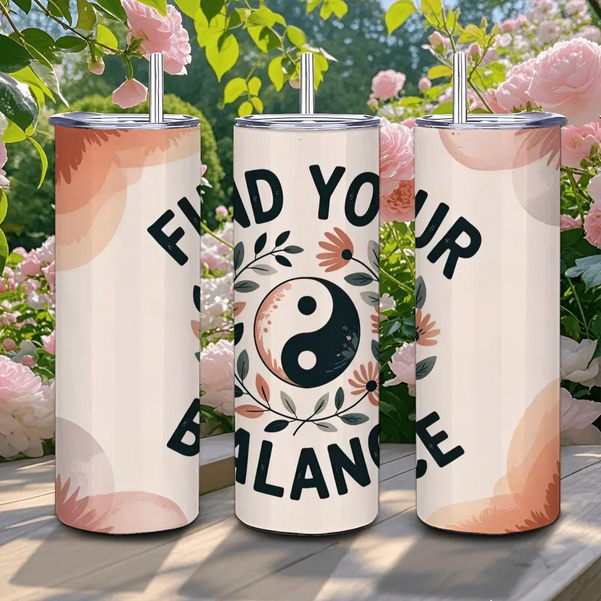 Yin Yang Floral Tumbler: 20oz Insulated Stainless Steel Motivational Cup