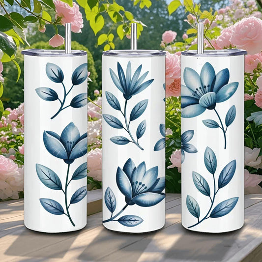 Blue Botanical Floral Tumbler: 20oz Stainless Steel Insulated Mug