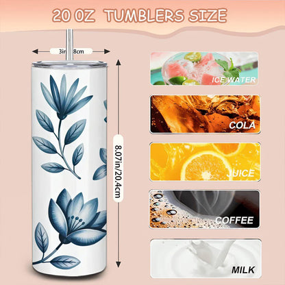 Blue Botanical Floral Tumbler: 20oz Stainless Steel Insulated Mug