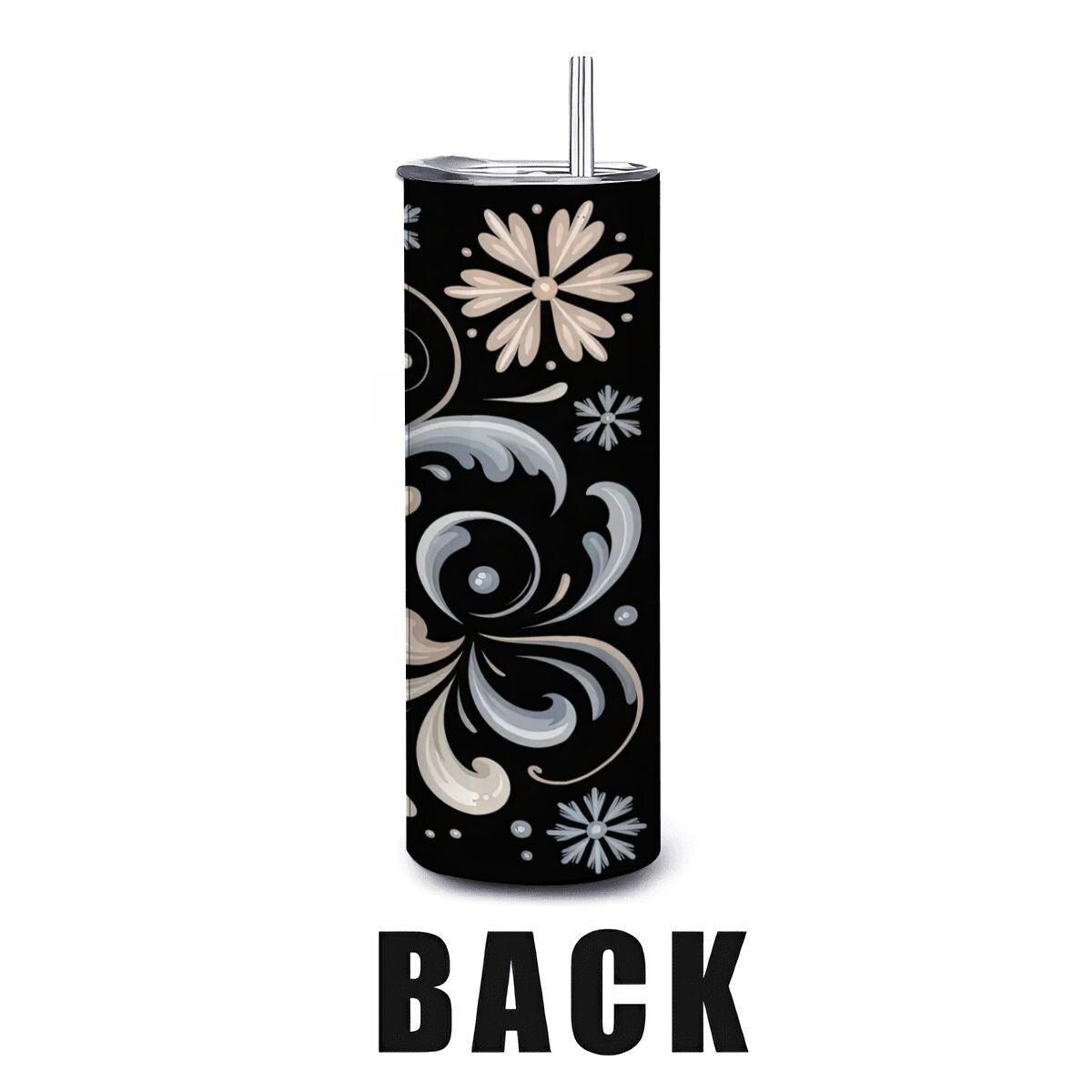 ColorFlow | Elegant Snowflake Swirl Tumbler | 20oz Stainless Steel | Winter Insulated Mug | Black Holiday Cup with Straw
