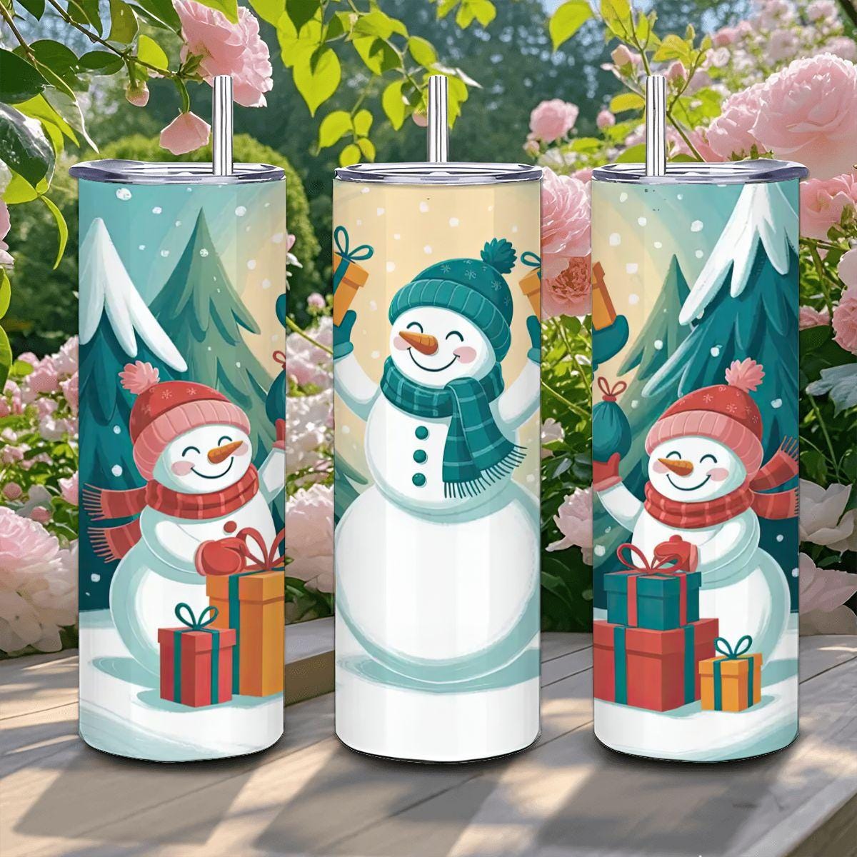 Festive Snowman Family Tumbler: 20oz Insulated Stainless Steel Christmas Mug