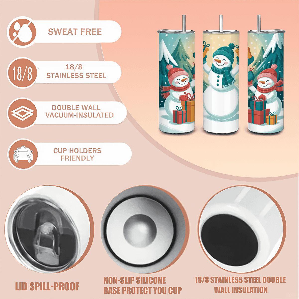 Festive Snowman Family Tumbler: 20oz Insulated Stainless Steel Christmas Mug
