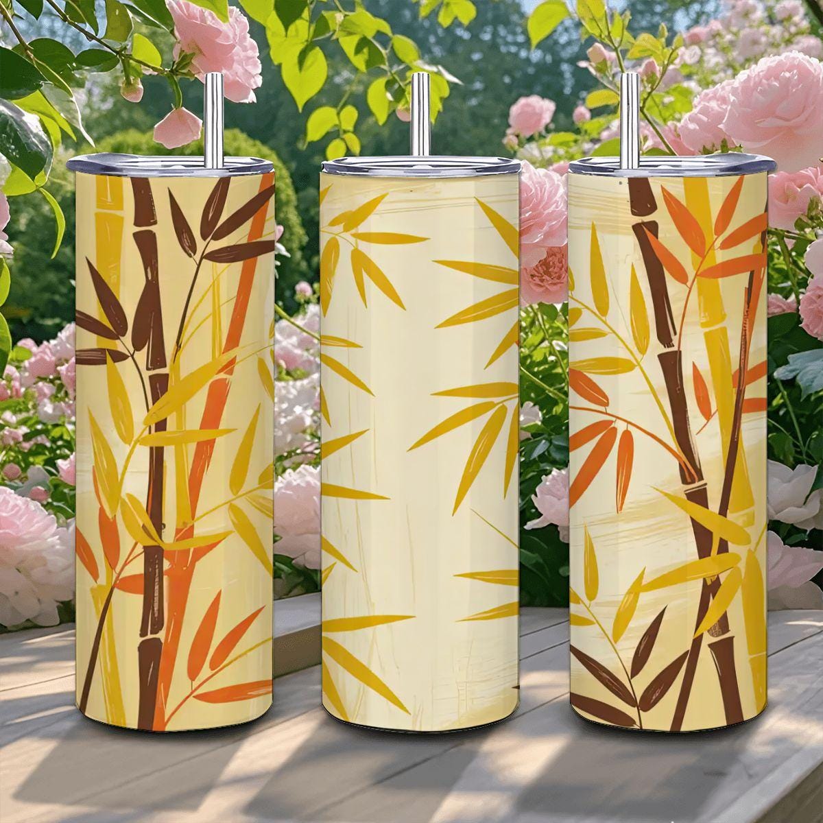 Bamboo Forest Tumbler: 20oz Insulated Stainless Steel Mug with Straw