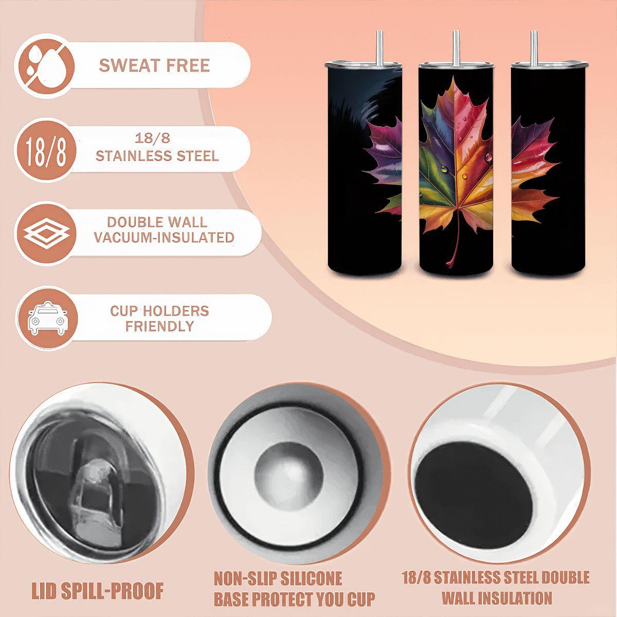 Rainbow Maple Leaf Tumbler: 20oz Stainless Steel Insulated Mug with Straw