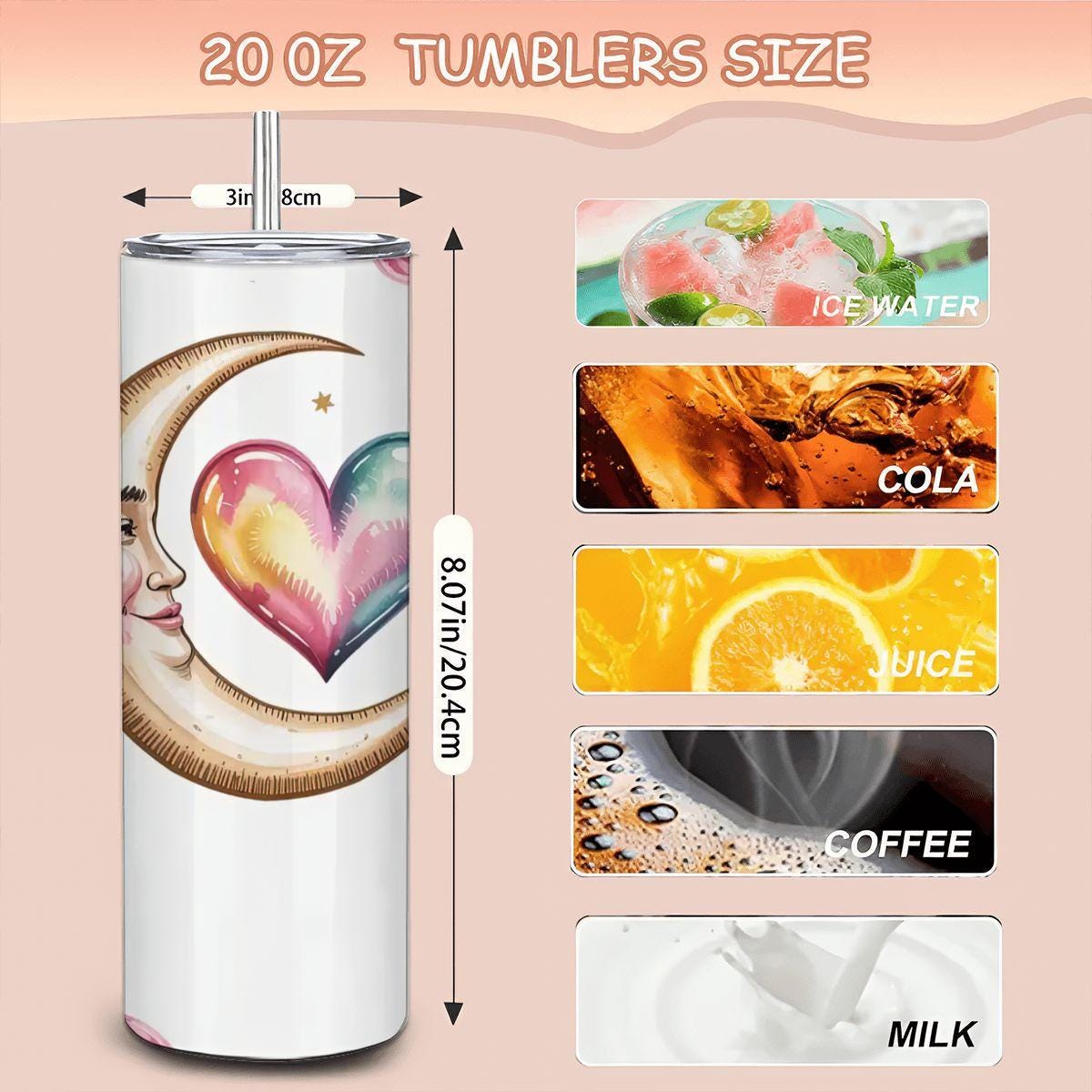 Celestial Moon Heart Tumbler: Rainbow Cloud Stainless Steel Insulated Mug