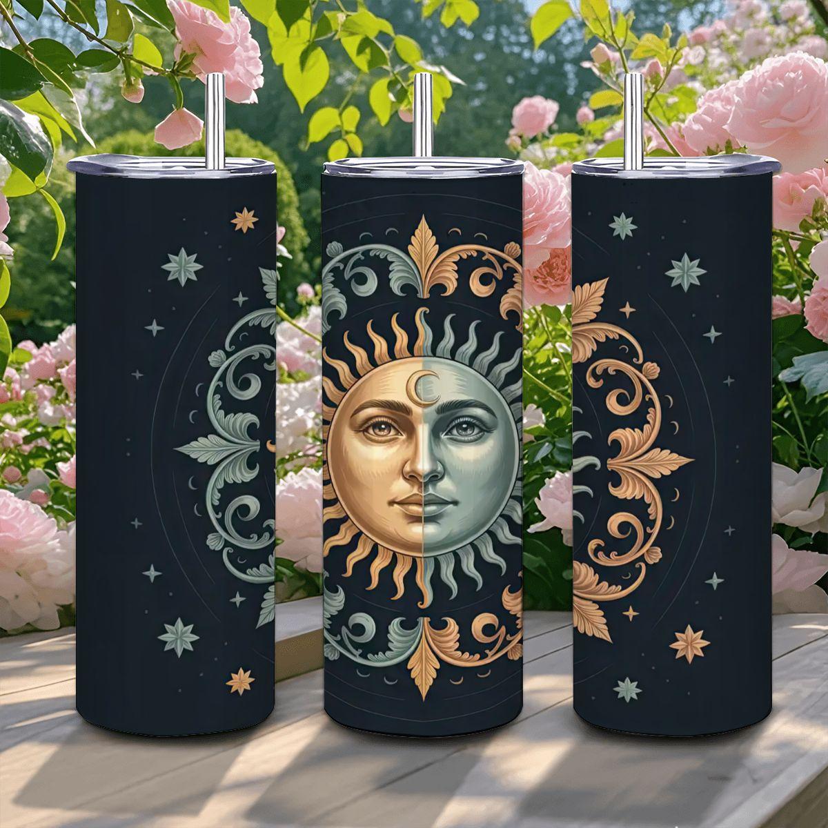 Celestial Sun Moon Tumbler: 20oz Insulated Stainless Steel Mug with Straw