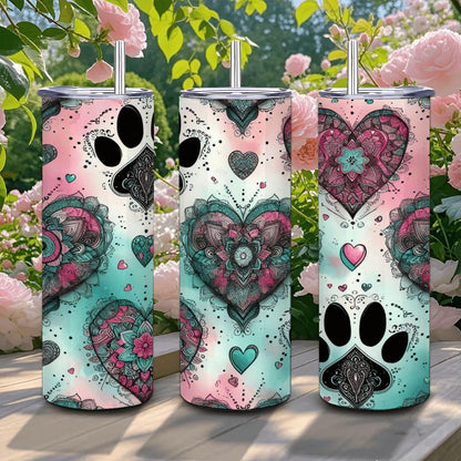 Mandala Paw Heart Tumbler: Insulated Stainless Steel Pet Lover Mug