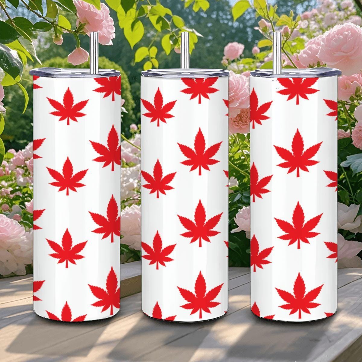 ColorFlow | Red Leaf Vibes Stainless Steel Tumbler 20oz | Marijuana Leaf Cup with Straw | Cannabis Gift for Coffee Lovers