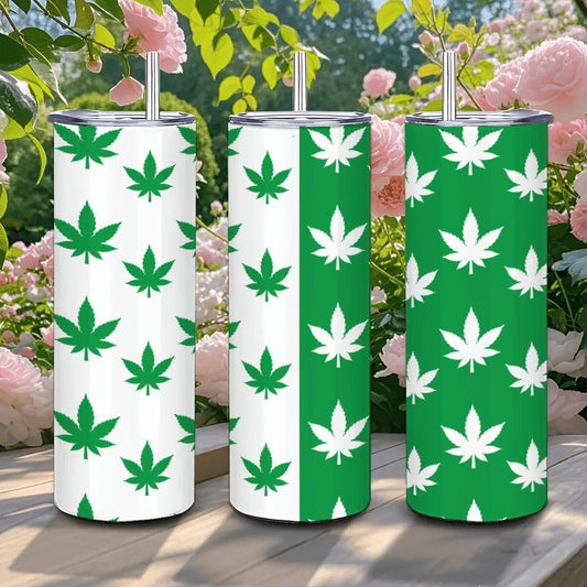 ColorFlow | Split Leaf Style Tumbler 20oz | Green White Cannabis Stainless Steel Cup | Weed Lover Gift with Straw