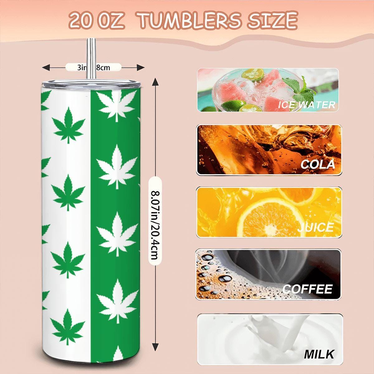 ColorFlow | Split Leaf Style Tumbler 20oz | Green White Cannabis Stainless Steel Cup | Weed Lover Gift with Straw