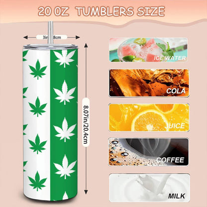 ColorFlow | Split Leaf Style Tumbler 20oz | Green White Cannabis Stainless Steel Cup | Weed Lover Gift with Straw