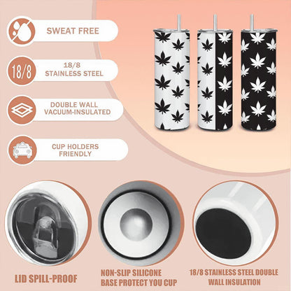 ColorFlow | Monochrome Leaf Stainless Steel Tumbler 20oz | Black White Cannabis Cup | Stoner Gift with Straw