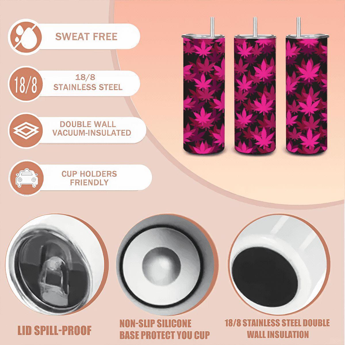 ColorFlow | Pink Neon Leaf Tumbler 20oz | Bold Cannabis Stainless Steel Cup | Weed Gift for Stoner Women