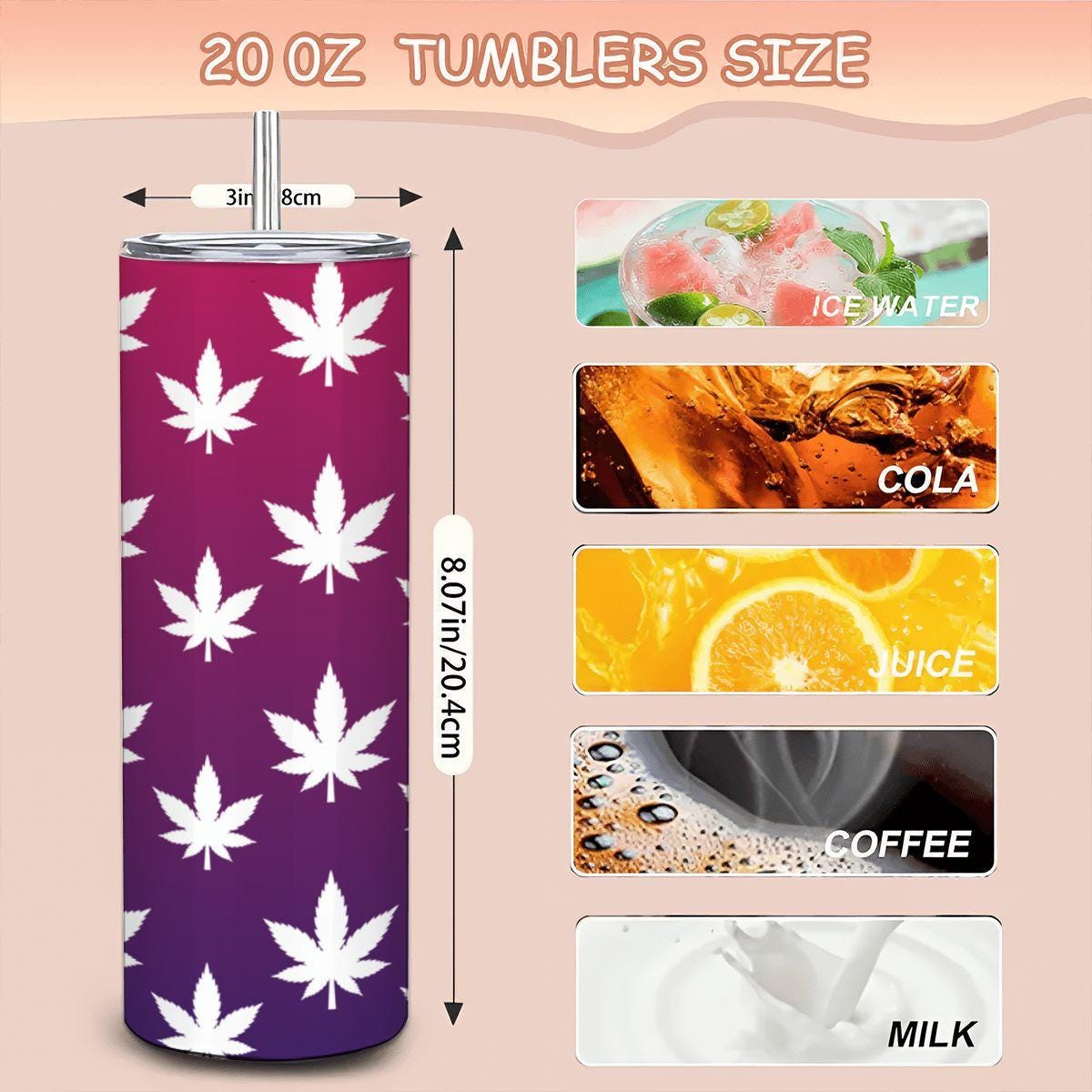 ColorFlow | Magenta Dream Leaf Tumbler 20oz | Purple Gradient Cannabis Steel Cup | Weed Gift for Stoner Women