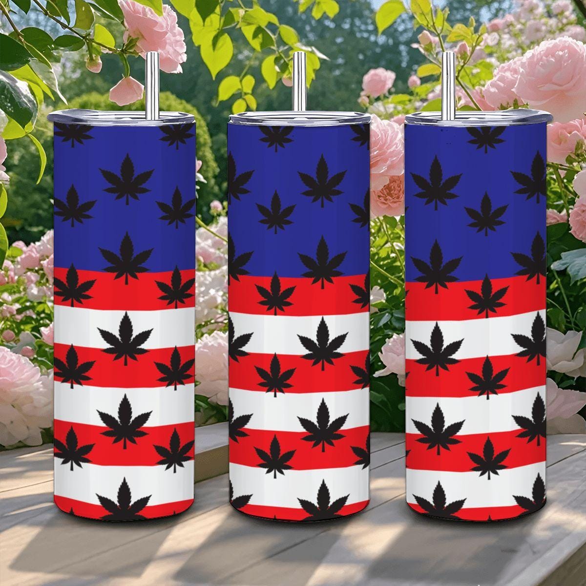 ColorFlow | USA Flag Weed Leaf Tumbler 20oz | Patriotic Cannabis Stainless Steel Cup | Stoner Gift for Americans