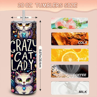 ColorFlow | Crazy Cat Lady Cat Tumbler | 20oz Stainless Steel Tumbler with Straw | Gift for Cat Lovers | Cat Mom Cup | Coffee Travel Mug