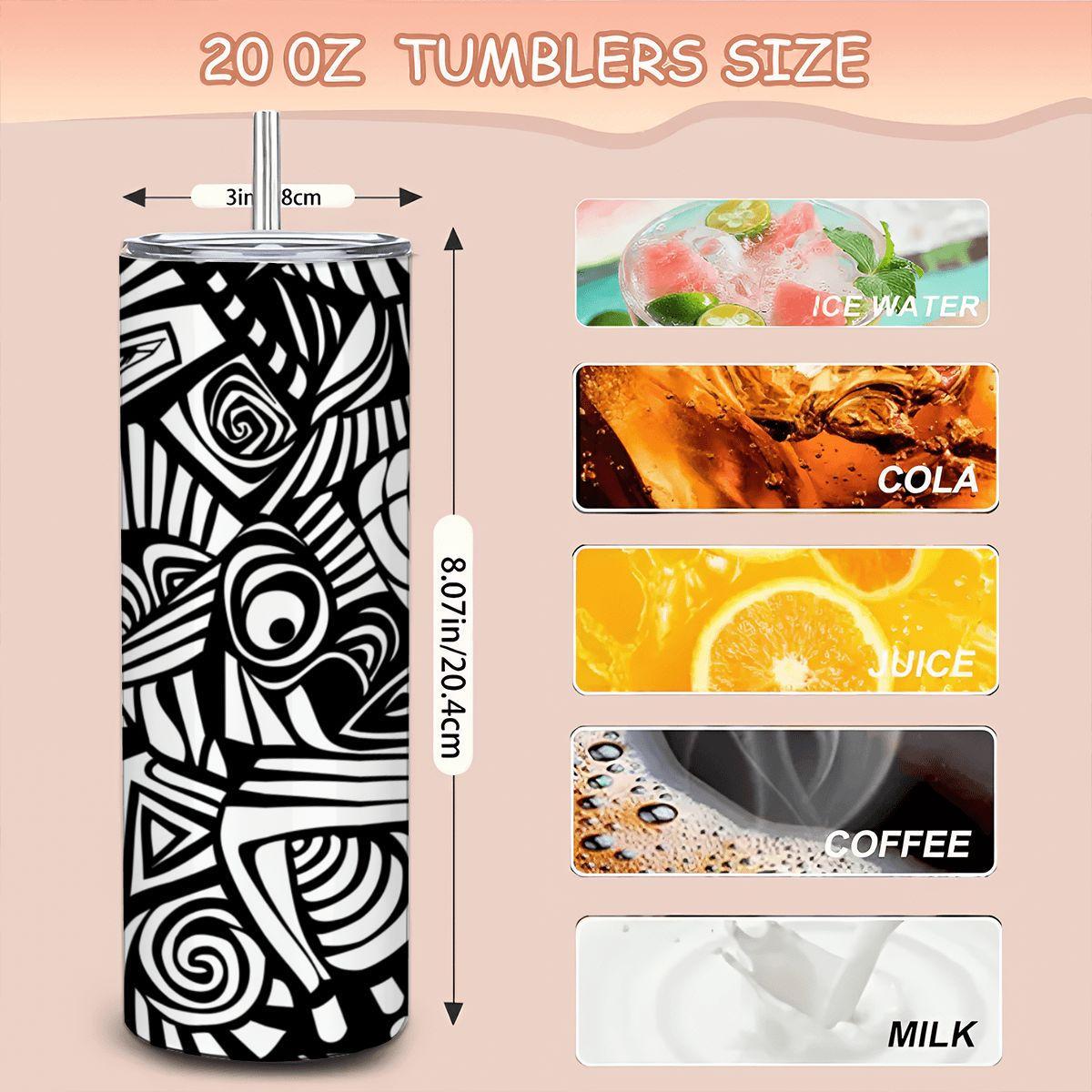 ColorFlow | Black and White Abstract Art Tumbler | 20oz Stainless Steel Tumbler with Straw | Modern Line Art Cup