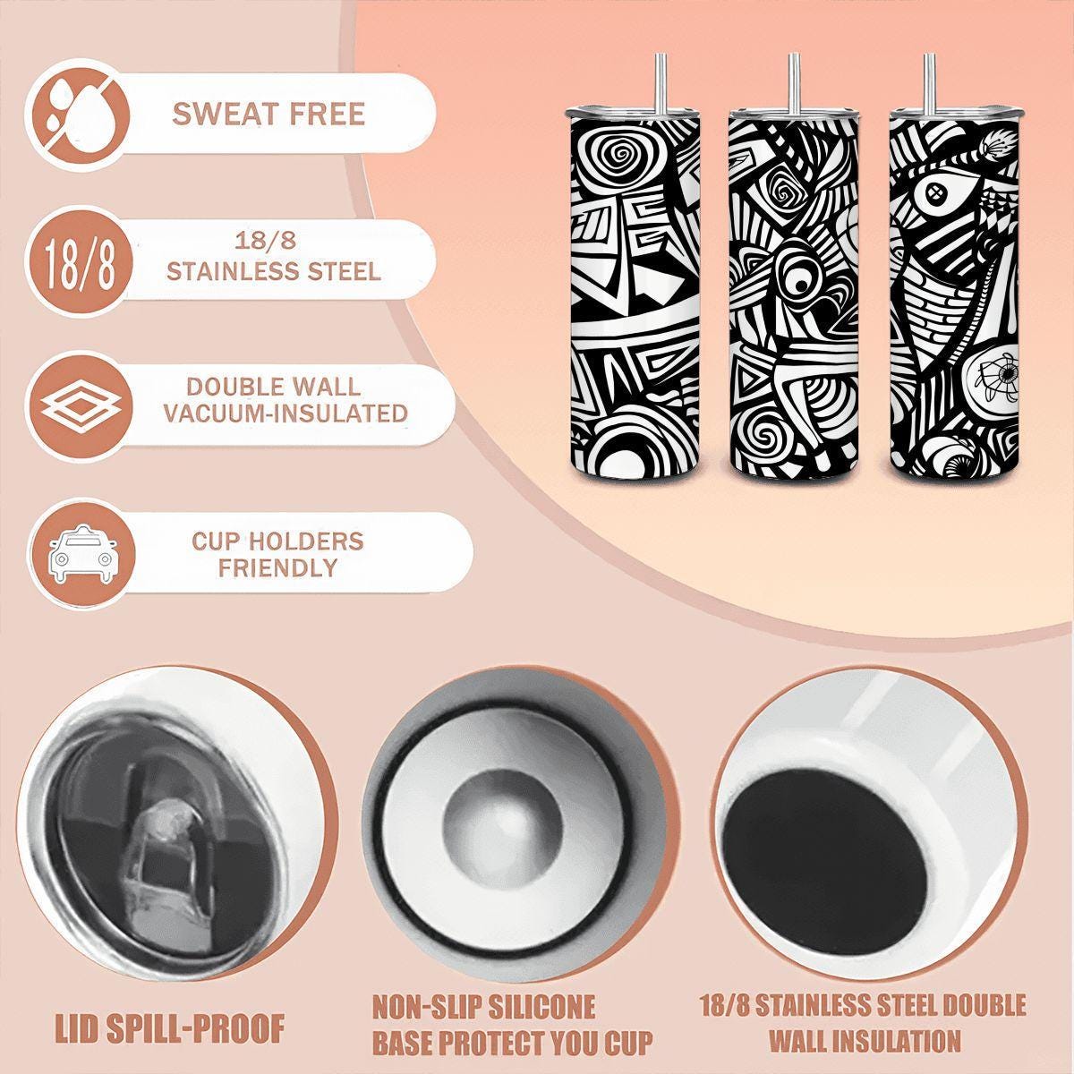 ColorFlow | Black and White Abstract Art Tumbler | 20oz Stainless Steel Tumbler with Straw | Modern Line Art Cup