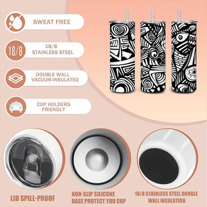 ColorFlow | Black and White Abstract Art Tumbler | 20oz Stainless Steel Tumbler with Straw | Modern Line Art Cup