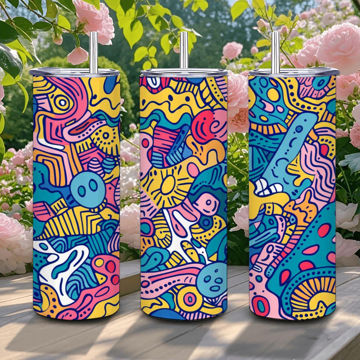 ColorFlow | Colorful Doodle Art Tumbler | 20oz Stainless Steel Tumbler with Straw | Funky Abstract Travel Mug | Artistic Gift