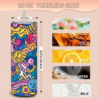 ColorFlow | Colorful Doodle Art Tumbler | 20oz Stainless Steel Tumbler with Straw | Funky Abstract Travel Mug | Artistic Gift
