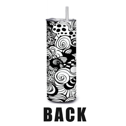 ColorFlow | Black and White Swirl Stars Tumbler | 20oz Stainless Steel Tumbler with Straw | Modern Abstract Travel Mug