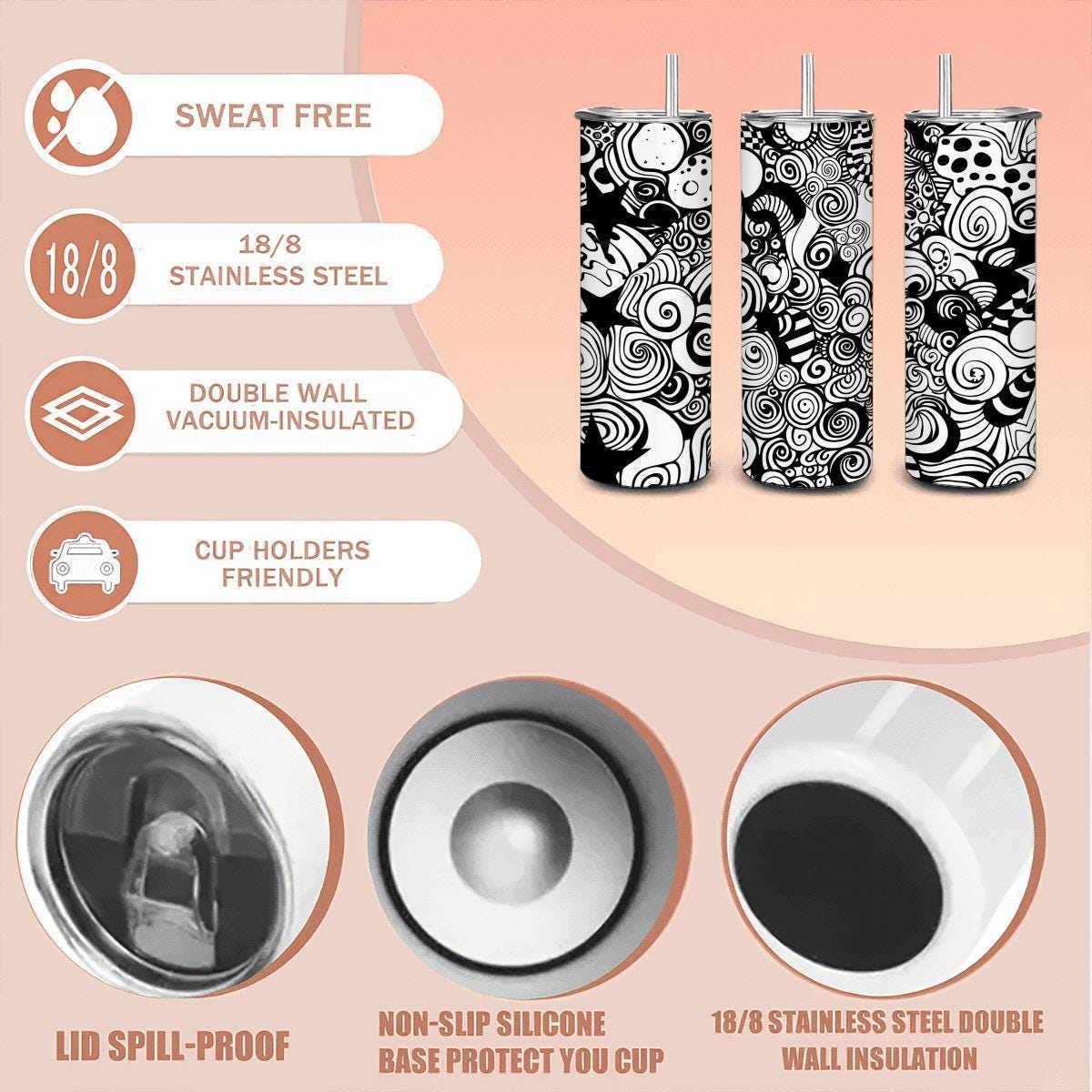 ColorFlow | Black and White Swirl Stars Tumbler | 20oz Stainless Steel Tumbler with Straw | Modern Abstract Travel Mug