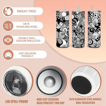 ColorFlow | Black and White Swirl Stars Tumbler | 20oz Stainless Steel Tumbler with Straw | Modern Abstract Travel Mug